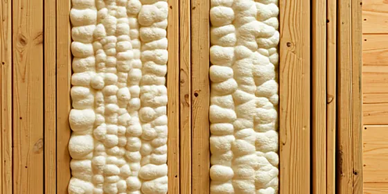 Close up view of high quality closed cell spray foam insulation expanding between wooden wall studs