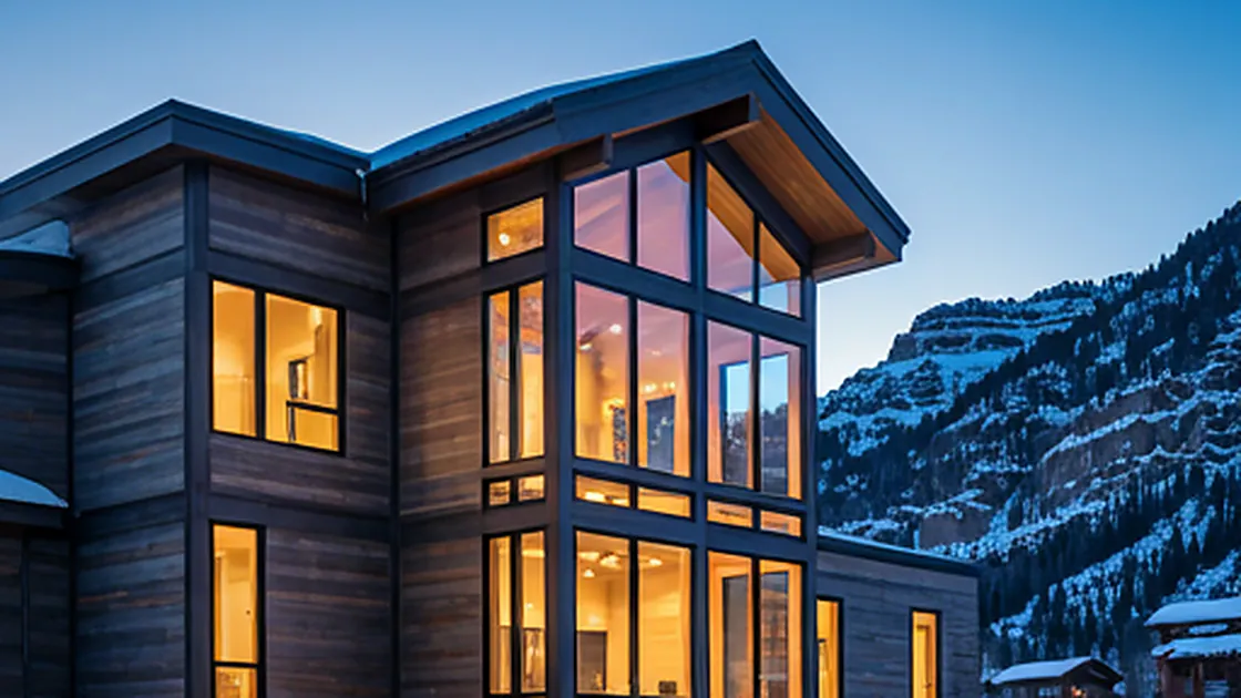 Luxurious modern mountain cabin exterior with floor to ceiling windows at dusk in a snowy Telluride landscape
