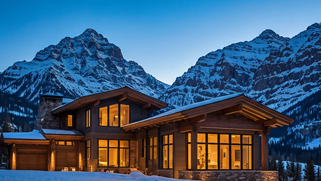 Luxurious mountain modern estate in Telluride during winter with snow-capped peaks in the background and warm interior lighting glowing through windows